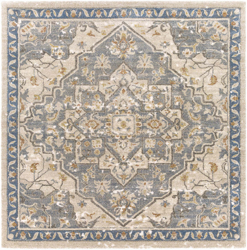 Close-up of the Chesnee Thick Luxe Rug, a square rug with a blue, beige, and gold oriental-inspired pattern. Design-Square-710