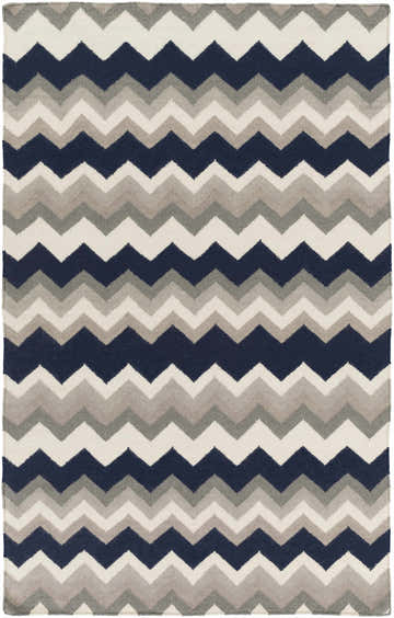 Close-up of the hand woven Cherry Area Rug. Chevron pattern in charcoal, gray, ink blue, and taupe wool. Design-Rectangle-58