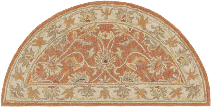 Close-up of Caesar Hand Tufted Burnt Orange Wool Hearth Rug. Features floral, oriental design in burnt orange, beige, and brown tones. Design-Hearth