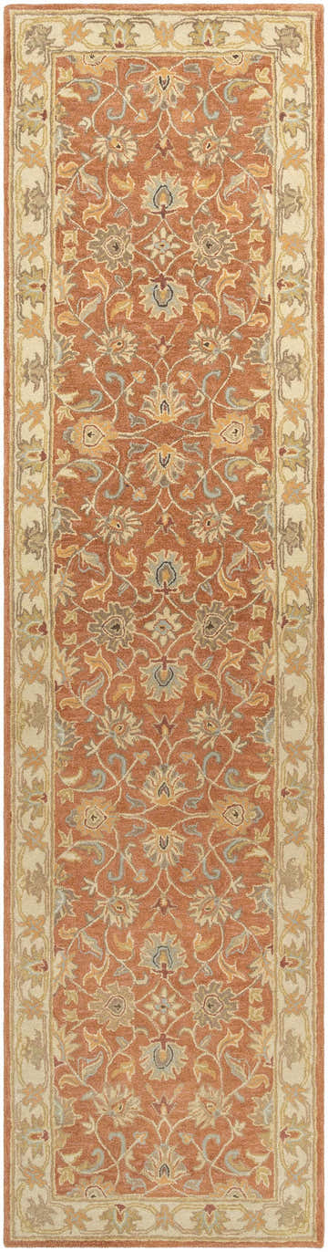 Close-up of the Caesar Hand Tufted Burnt Orange 1124 Wool Carpet. Features a floral pattern with brick red, taupe, and sky blue accents. Design-Runner-312