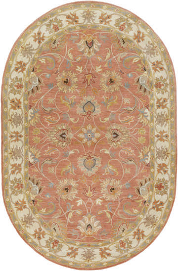 Detailed oval Caesar Hand Tufted Burnt Orange Wool Carpet with floral and leaf pattern in burnt orange, taupe, and cream. Design-Oval-69