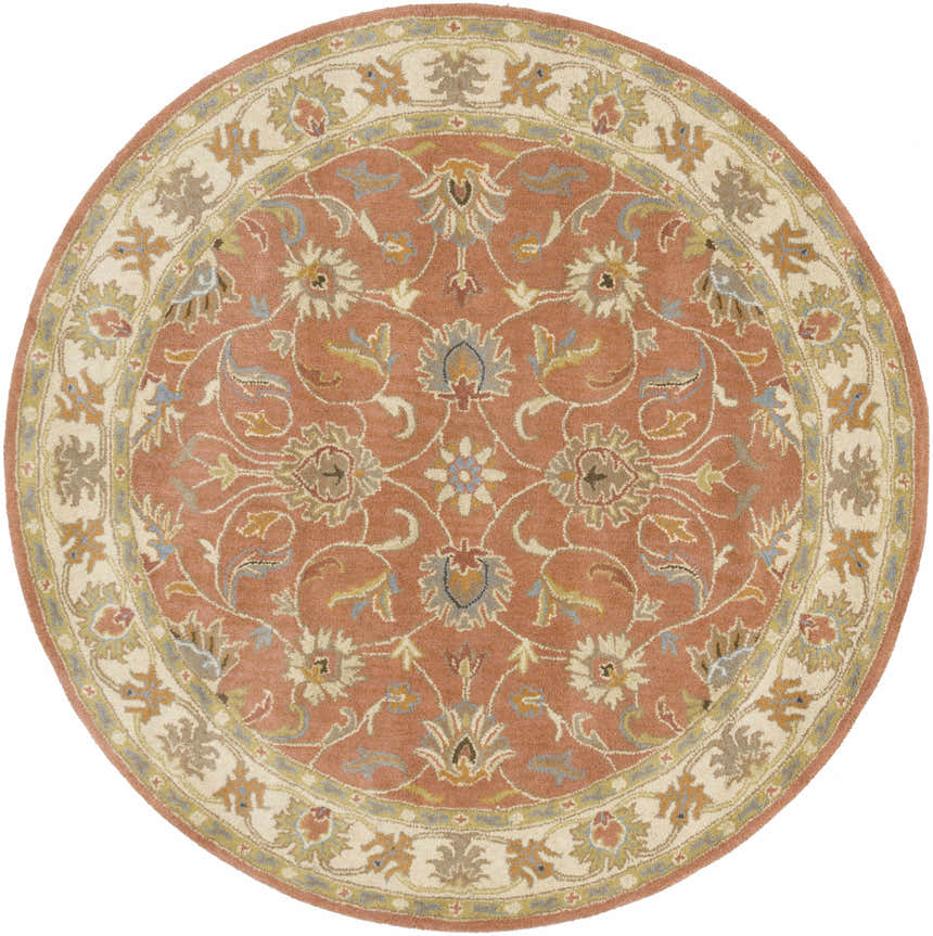 Round Caesar Hand Tufted Burnt Orange Wool Carpet. Oriental floral design in burnt orange, beige, blue and brown. Design-Round-6