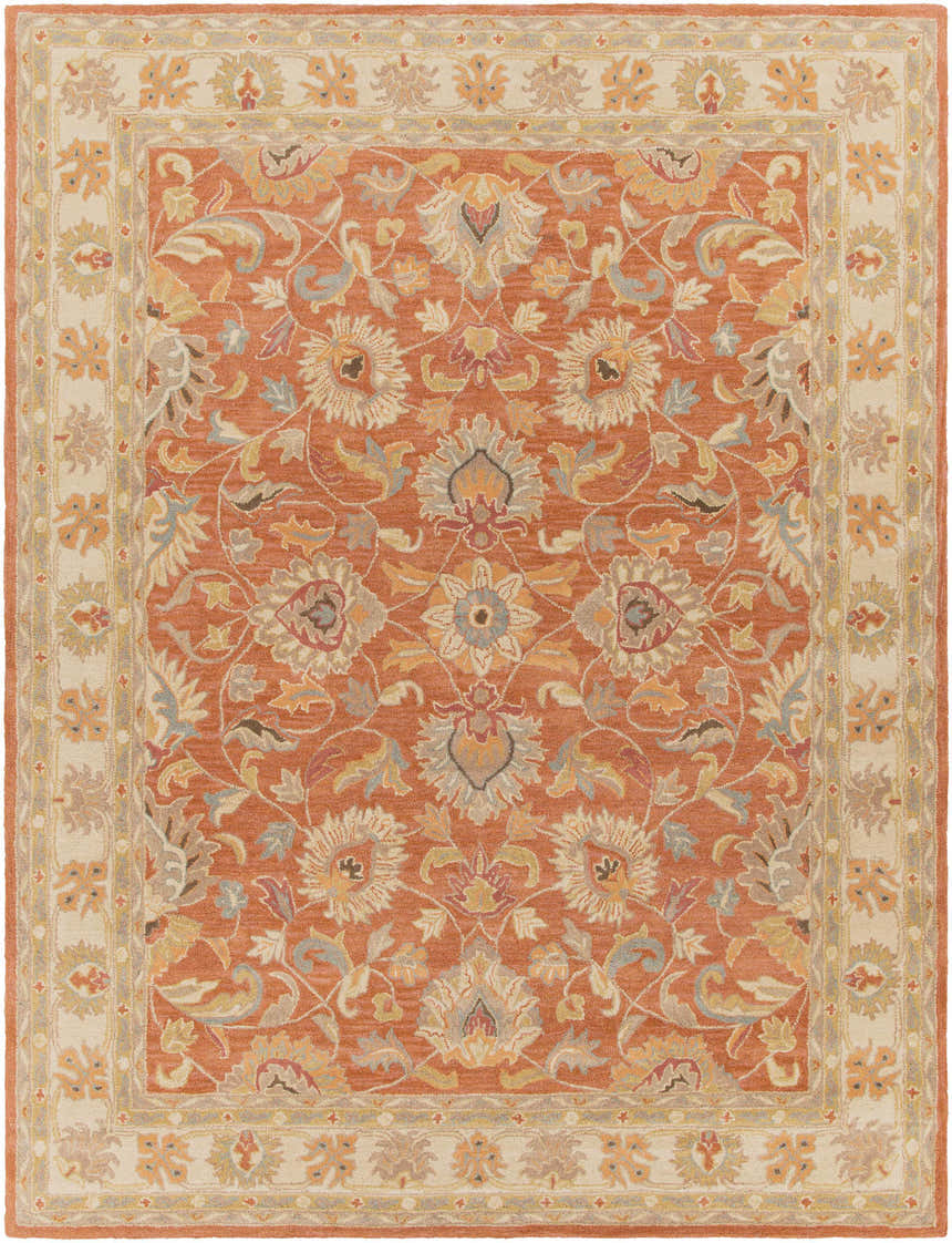 Close-up of the Caesar Hand Tufted Burnt Orange 1124 Wool Carpet. Features a floral pattern and a neutral border. Design-Rectangle-7696