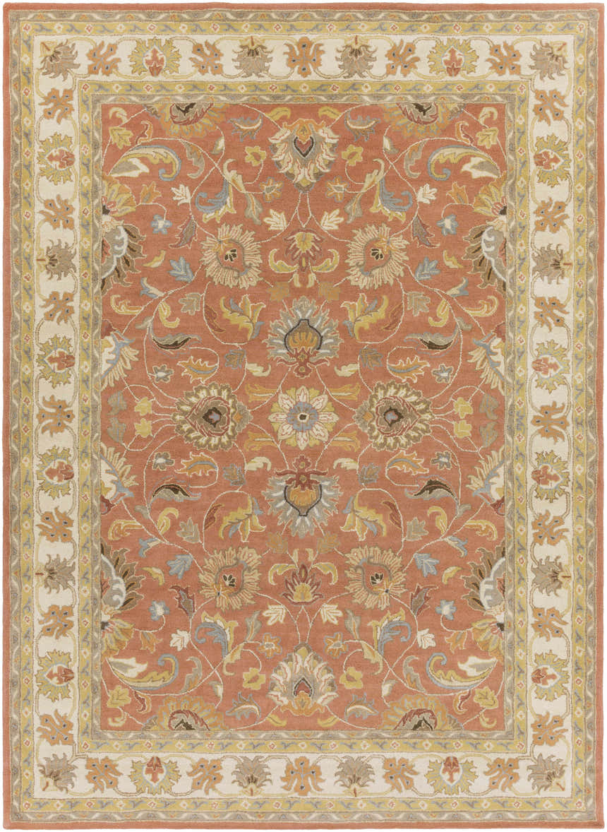 Close-up of the Caesar Hand Tufted Burnt Orange 1124 Wool Carpet. Features a traditional floral pattern and border. Design-Rectangle-811