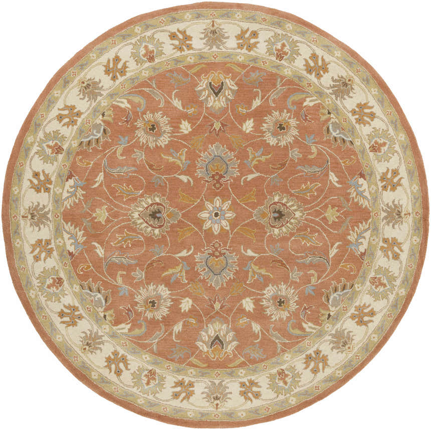Round Caesar Hand Tufted Burnt Orange 1124 Wool Carpet with floral design in brick red, taupe, and sky blue. Design-Round-8