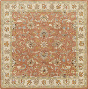 Detailed view of the Caesar Hand Tufted Burnt Orange 1124 Wool Carpet. Features a traditional floral pattern in burnt orange, taupe, and blue. Design-Square-8