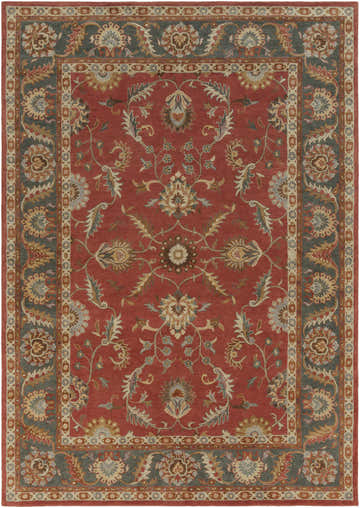 Detailed Charlottesville Tufted Wool Rug with brick red, gray, and floral Persian design. Design-Rectangle-1014