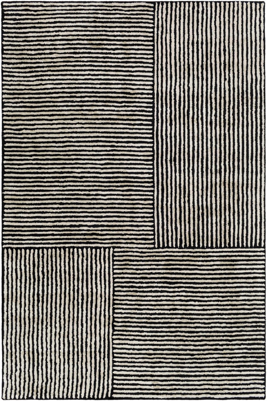 Black&White Striped Sheen Viscose Area Rug