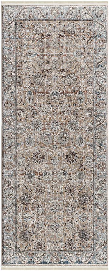 Close-up of the Civankan Area Rug. Machine-woven traditional rug in brick red, denim, and light gray floral pattern. Design-Runner