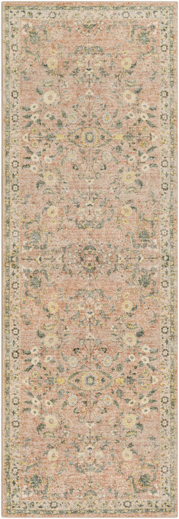 Close-up of the Coalburn Area Rug featuring a traditional floral pattern in cream, gray, pale pink, peach, sage, and wheat. Design-Runner-2676