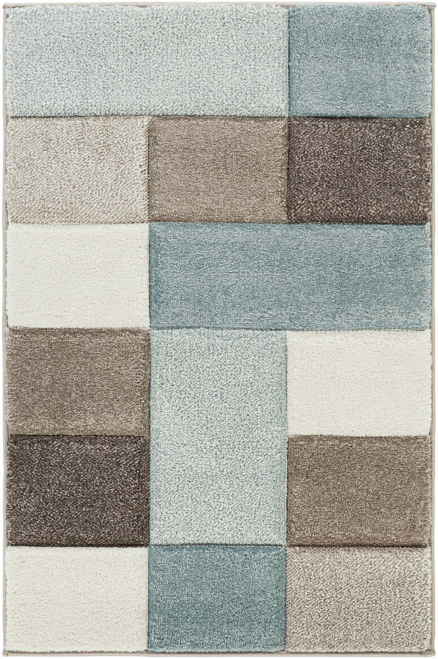 Close-up of the Clinton Area Rug. Geometric block pattern in aqua, dark brown, ivory, and taupe hues. Soft, textured pile. Design-Rectangle-23