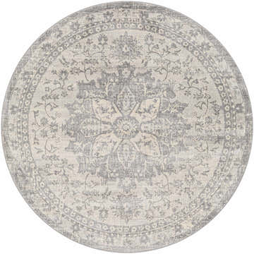 Round Colonie Area Rug with a traditional floral pattern in gray, ivory, and silver gray. Machine woven polypropylene rug. Design-Round-67