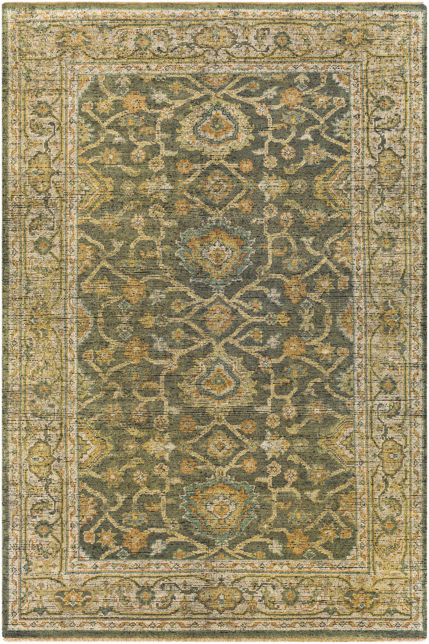 Close-up of the hand-knotted Clunes Area Rug. Traditional oriental design in grass green, sage, yellow, and light beige wool. Design-Rectangle-69