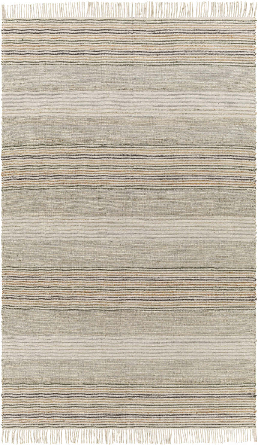 Close-up of the hand woven Calinog Area Rug. Features a striped pattern in charcoal, tan, and beige. Design-Rectangle-576