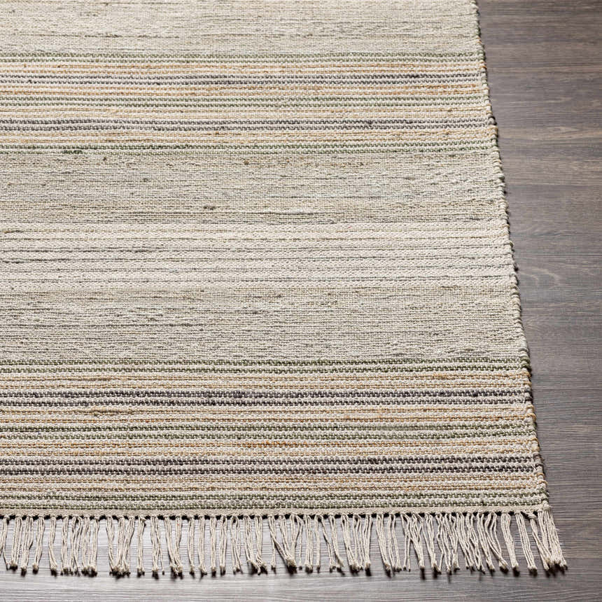 Close up of Calinog Area Rug, a hand woven runner with charcoal, green, beige, and tan stripes and knotted fringe. Front