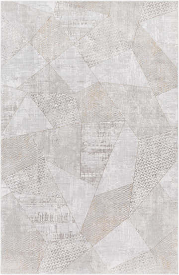 Close-up of the Cloudland Textured Luxe Area Rug. Gray, taupe, and off-white geometric pattern and textures. Design-Rectangle-6796