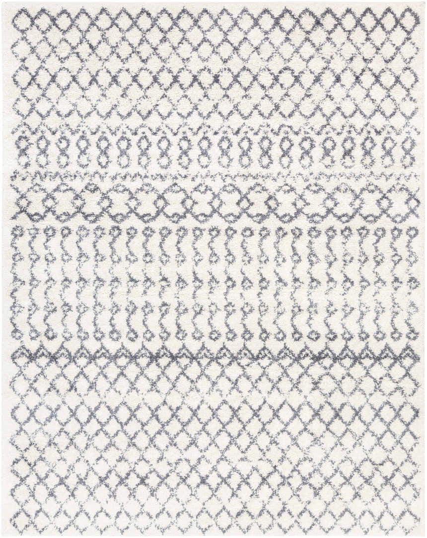 Close-up of the Clarkia Area Rug. Cream shag rug with a gray bohemian-inspired diamond and line pattern. Design-Rectangle-710103