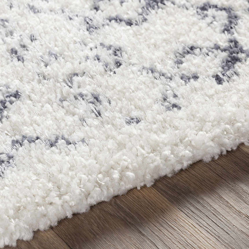 Close-up of the plush, white Clarkia Area Rug with a subtle gray pattern, showcasing its soft texture and machine-woven construction. Texture
