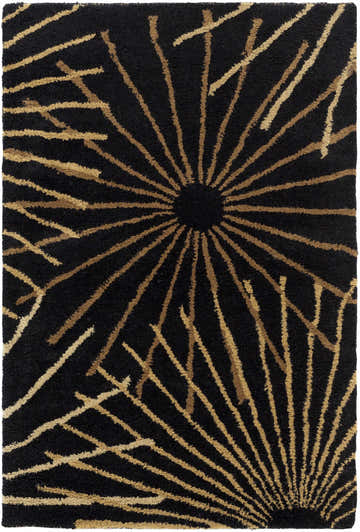 Close-up of the Clover Black Modern Wool Rug, featuring a black background with tan and dark brown burst pattern. Design-Rectangle-23