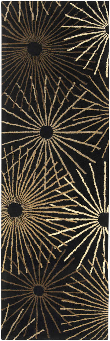 Close up of the Clover Black Modern Wool Rug featuring a tan and brown burst pattern on a black background. Design-Runner-268