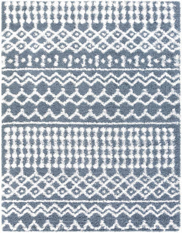 Close-up of the Camp Shag Area Rug. Denim and white geometric pattern, soft shag texture. Bohemian style. Design-Rectangle-710103