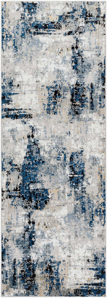 Close-up of Campsall Area Rug with a contemporary abstract design in cream, dark gray, light blue and light gray. Design-Runner-2710