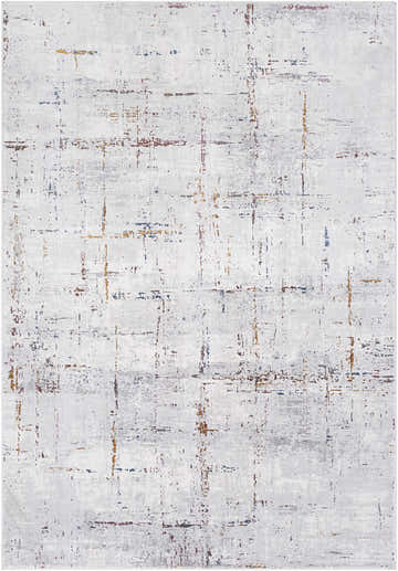 Close-up of Concordia Faux Silk Rug. Abstract design in off-white, gray, burgundy, burnt orange, and navy. Contemporary style. Design-Rectangle-5373