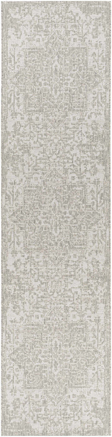 Close-up of the Beige Kilmacolm Outdoor Rug. Features a traditional, light beige and gray oriental pattern. Machine woven texture. Design-Runner-2710