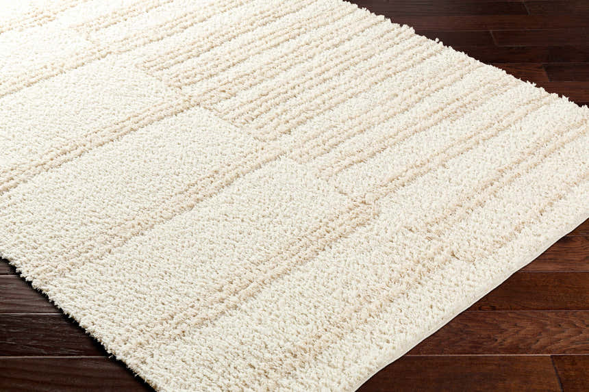 Close-up of the Cong Area Rug, a beige shag rug with subtle stripes on dark wood flooring. Corner