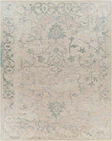 Close-up of the Connellsville Area Rug showing its beige, taupe, and sage green traditional pattern. Design-Rectangle-810