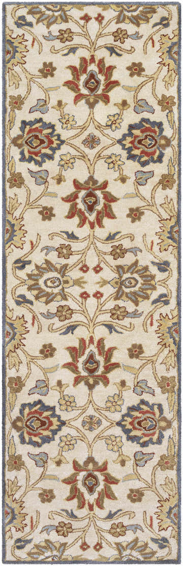 Close-up of the Conesus Hand Tufted Blue & Rust 1204 Area Rug, featuring a floral pattern in rust, blue, and brown tones on an ivory background. Design-Runner-268
