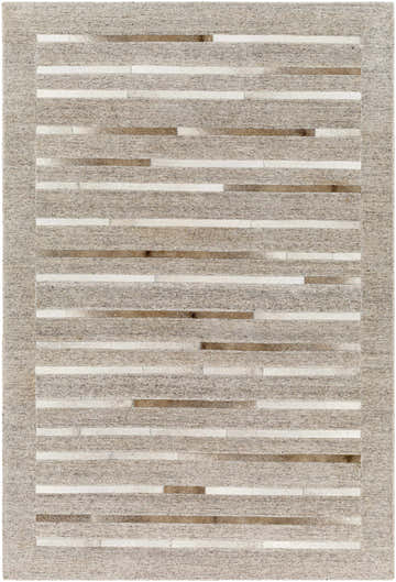 Close-up of the Cantu Premium Viscose&Leather Area Rug. Features beige, light gray, and brown geometric stripes. Design-Rectangle-576