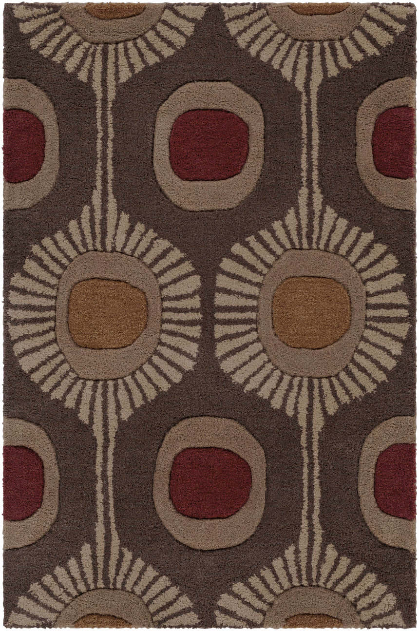 Close-up of the Canovanas Modern Wool Rug. Brown, tan, and dark red circles and sunburst pattern. Hand-tufted texture. Design-Rectangle-23