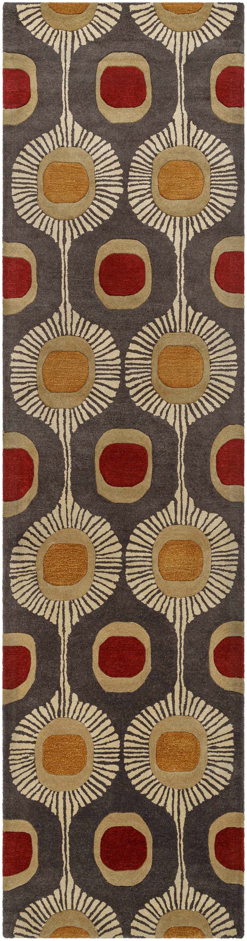 Close-up of the Canovanas Modern Wool Rug. Features a floral, geometric pattern in brown, burgundy, tan, and dark brown hues. Design-Runner-312