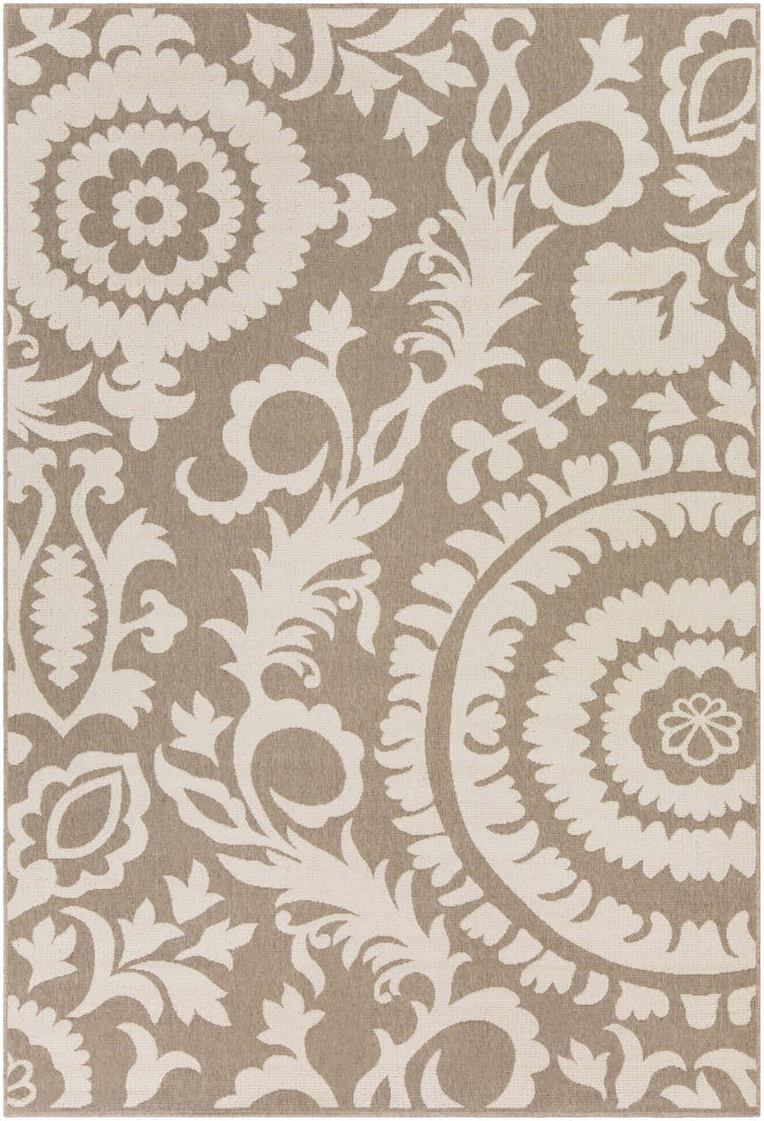Close-up of the Collegeport Area Rug. Light beige floral and vine pattern on a light brown olefin rug. Design-Rectangle-76109