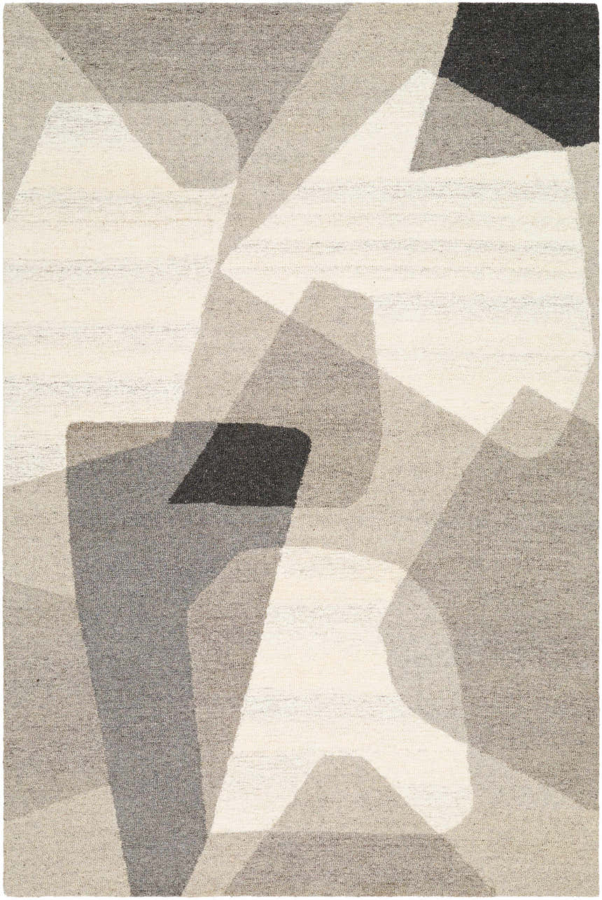 Close-up of the hand-tufted Colin Area Rug featuring a contemporary geometric design in beige, bone, gray, and dark brown wool. Design-Rectangle-576