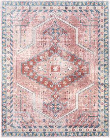 Detailed Conder Area Rug with bohemian design in pink, blue, and gold. Machine woven polypropylene rug. Design-Rectangle-71010