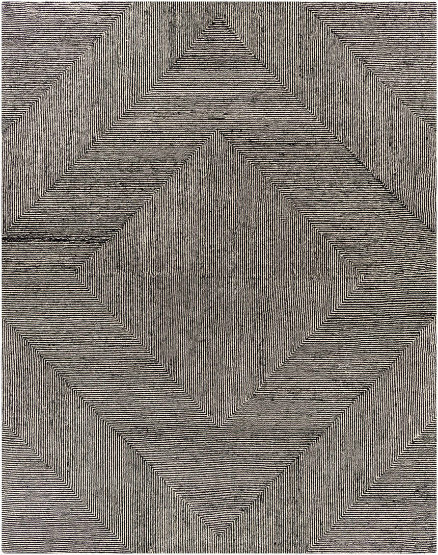 Close-up of the Conshohocken Area Rug. Black and cream wool rug with a geometric, concentric square pattern. Design-Rectangle-810