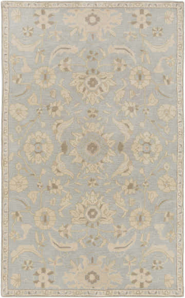 Close-up of the Copen Beige Floral Wool Rug featuring a traditional beige, tan, and pale blue floral pattern. Design-Rectangle-58
