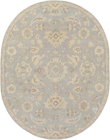 Close-up of the oval Copen Beige Floral Wool Rug. Features a traditional floral pattern in beige, tan, and pale blue hues. Design-Oval-810