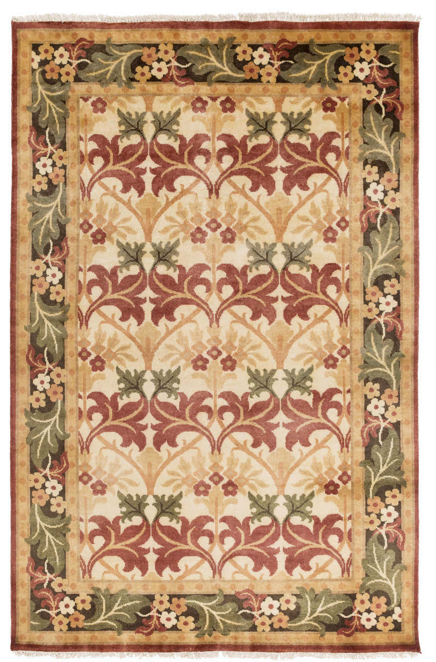 Close-up of the hand-knotted Corbridge Area Carpet. Features a traditional floral and leaf pattern in black, burgundy, and beige wool. Design-Rectangle-58