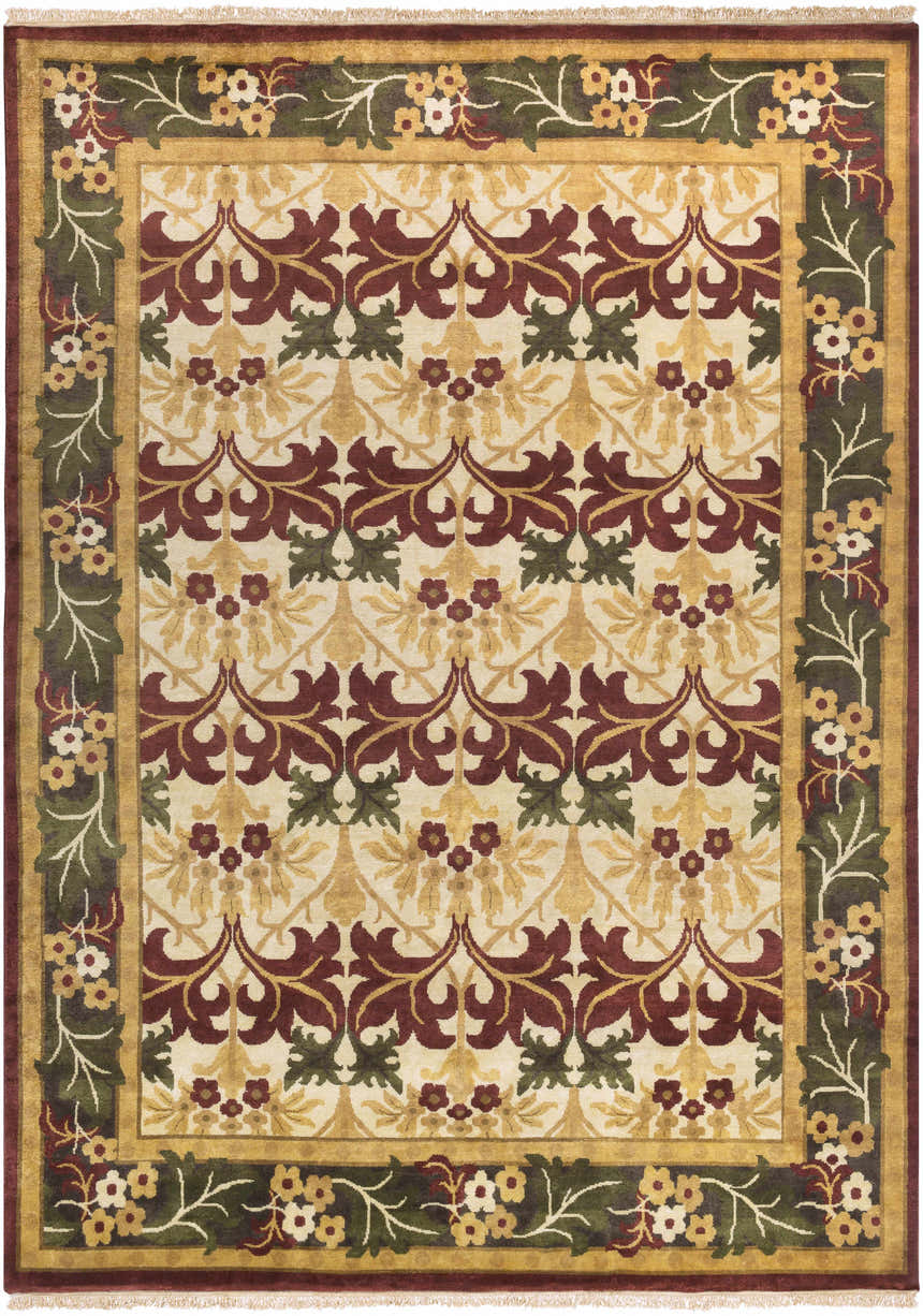 Detailed Corbridge Area Carpet in black, burgundy, olive, and beige wool. Features a traditional floral and leaf pattern. Design-Rectangle-811
