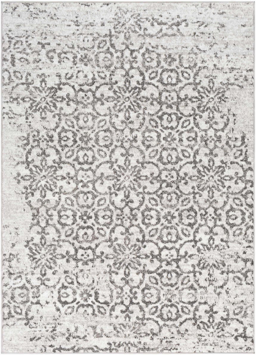 Close-up of the Cordele Area Rug featuring a traditional charcoal and gray floral pattern on a white background. Design-Rectangle-5373