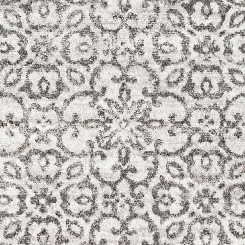Close-up of the Cordele Area Rug. Gray and white traditional floral medallion pattern. Farmhouse style. Swatch