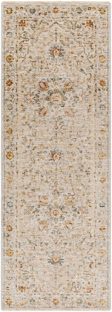 Detailed texture of a Coromandel Oushak area rug in cream, brick red, denim, and mustard floral pattern. Design-Runner-2710