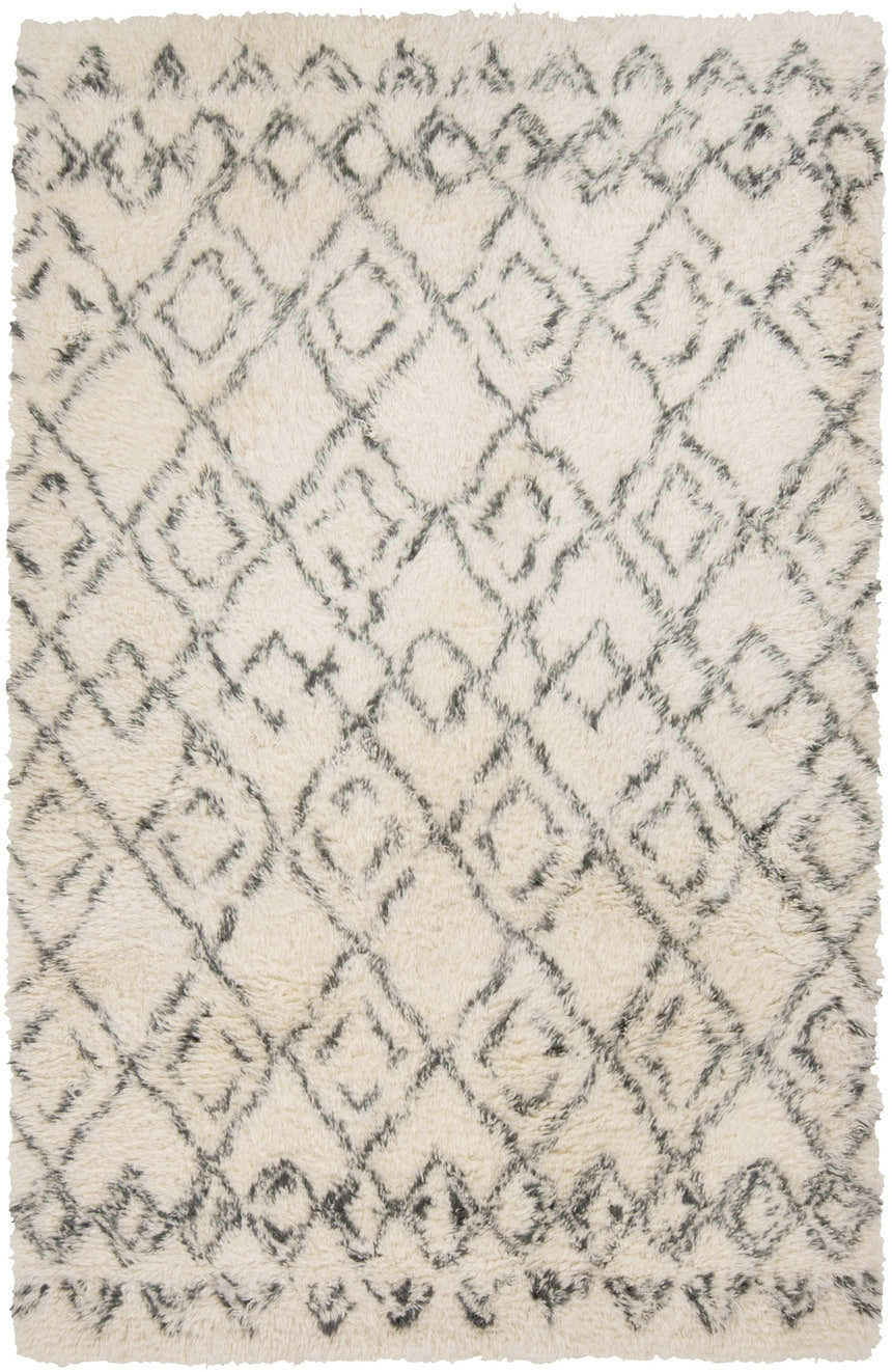 Close-up of the Cotgrave 2x3 Cream Trellis Small Wool Rug, featuring a geometric trellis pattern and soft, shag texture. Design-Rectangle-58