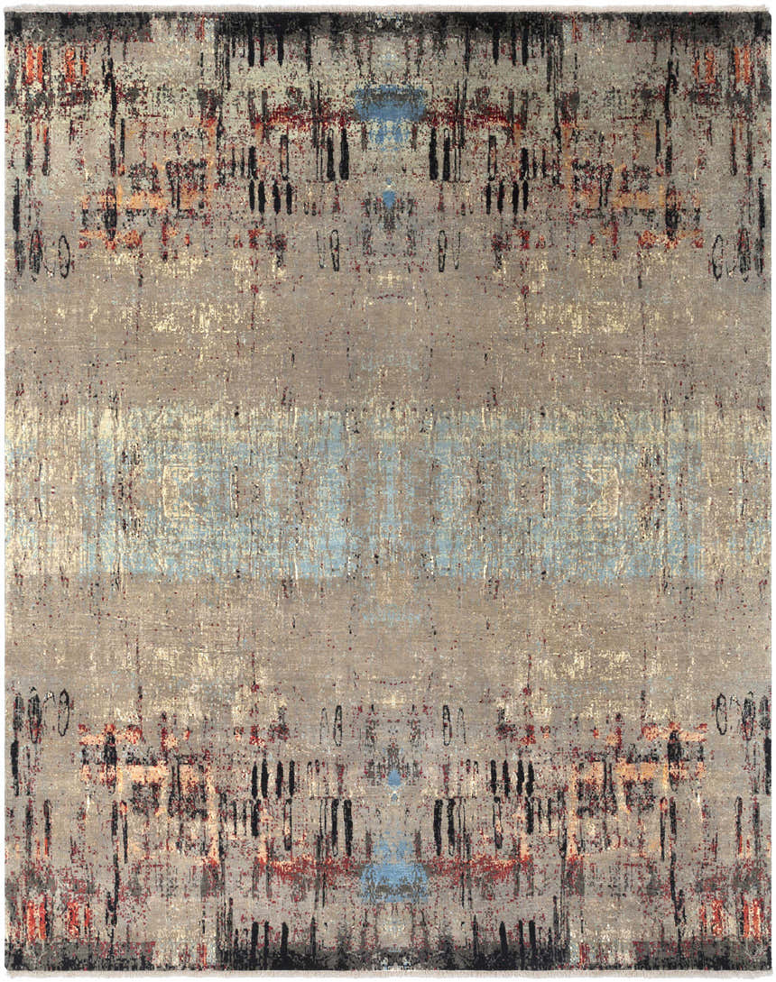Close-up of the Coudersport Carpet. Hand-knotted wool rug in black, brick red, sky blue, and tan with a contemporary abstract design. Design-Rectangle-810