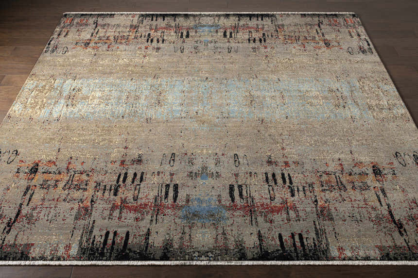 Hand knotted Coudersport Carpet in black, brick red, cream, and sky blue. Contemporary wool rug with abstract design. Front