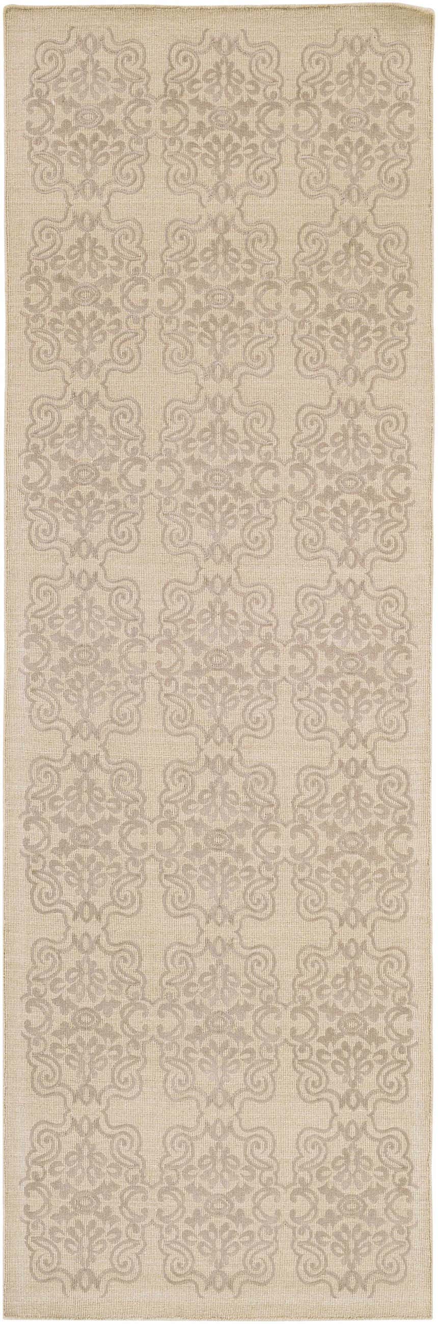 Close-up of the Countyline Area Rug. Neutral runner rug with a subtle, repeating damask pattern. Hand woven wool blend. Design-Runner-288