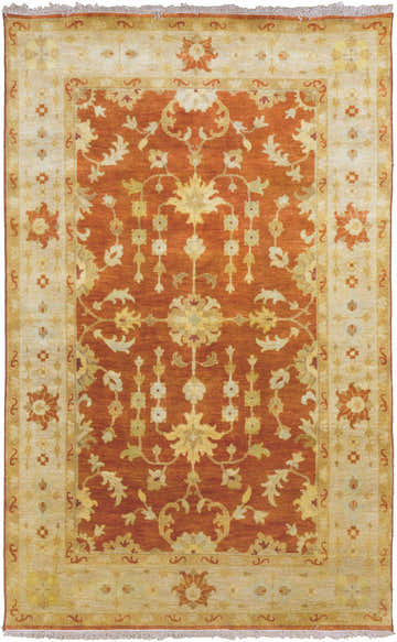 Close-up of the Cowpens Area Rug. Hand-knotted NZ wool rug in mustard, olive, rust, and tan with traditional floral patterns. Design-Rectangle-58